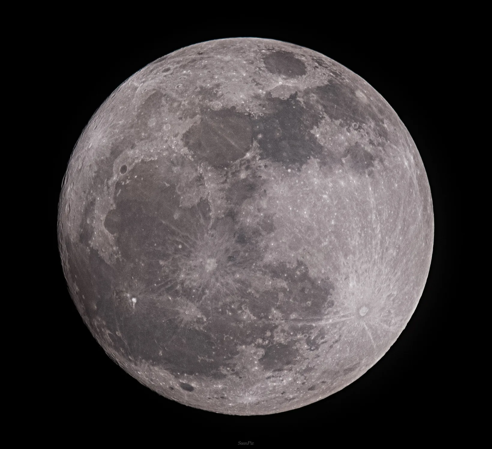 Detailed view of the nearly full Moon against black space