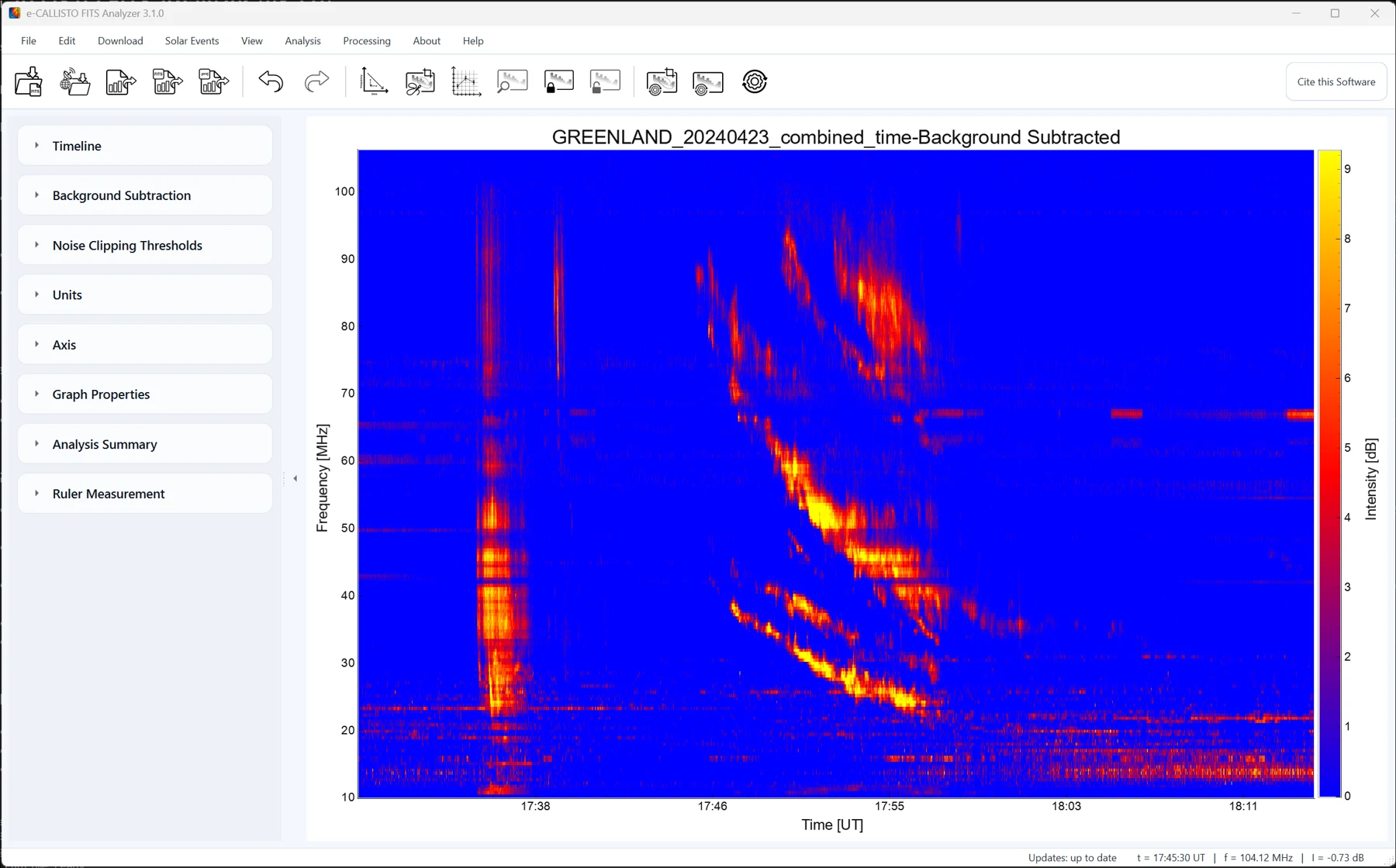e-CALLISTO FITS Analyzer displaying a solar radio burst spectrum
